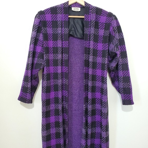 St. John for Neiman Marcus Plaid Purple Wool Knit Long Cardigan Coat Sz 10 VTG - Picture 2 of 8